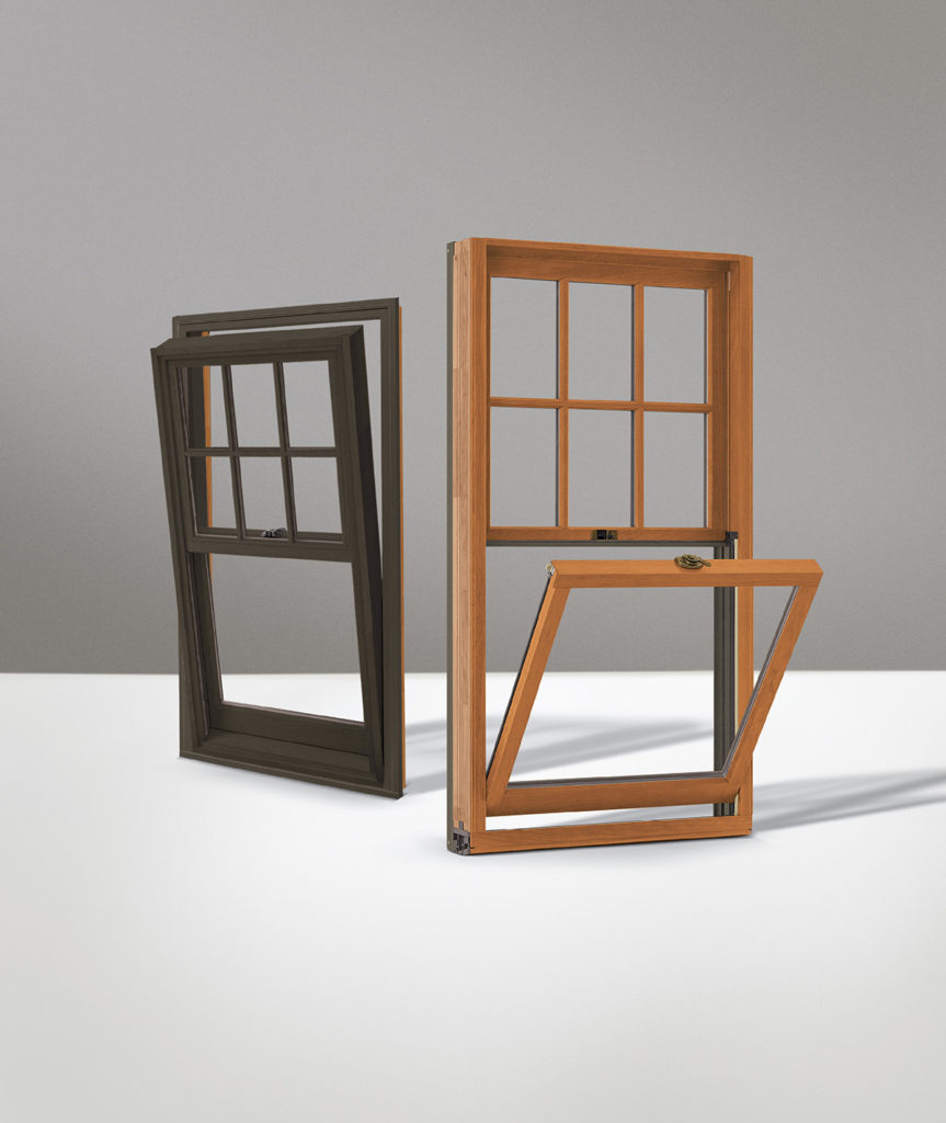 Animated rendering of composite insert windows with black and wood frames