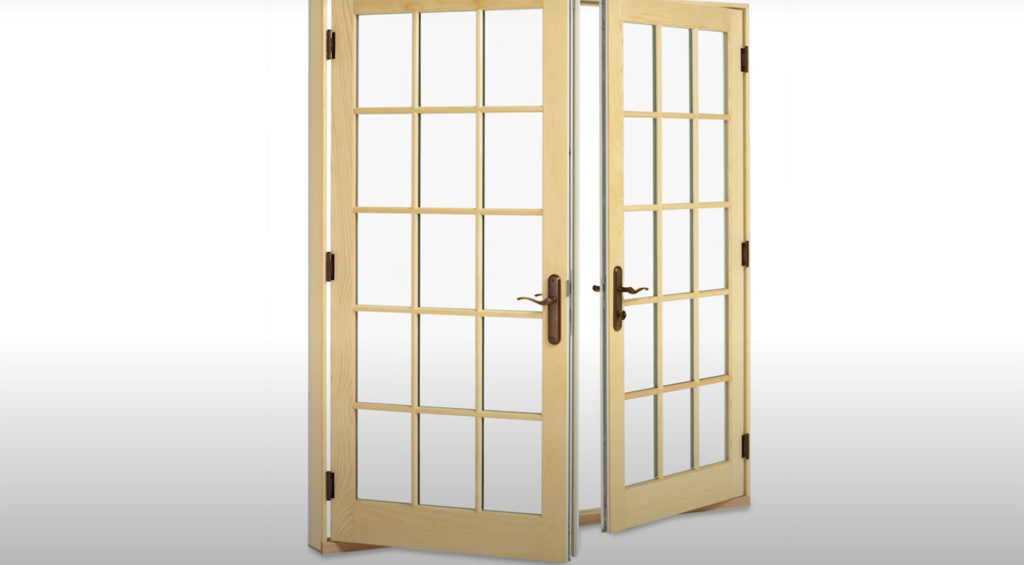 Animated rendering of wood and glass paneled Marvin French Doors