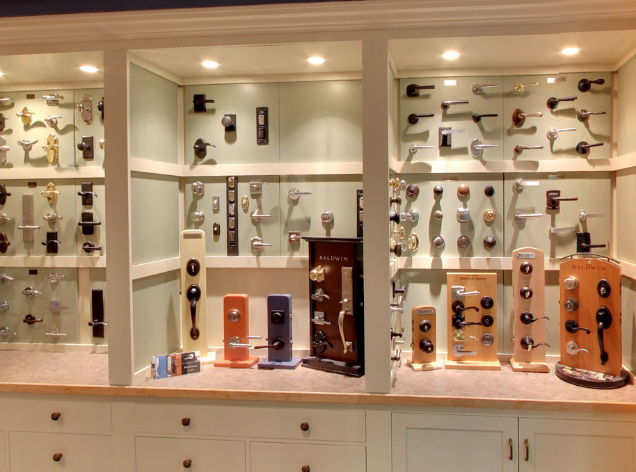 Shelves of door handles on display at the Marvin Design Gallery showroom
