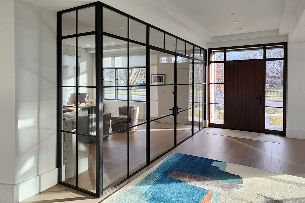 Glenview mahogany front entrance double door installed on house with white siding